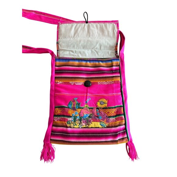 St. Thomas Pink Woven Crossbody Bag Embroidered Fish Design & Fringe Accents - Picture 4 of 9